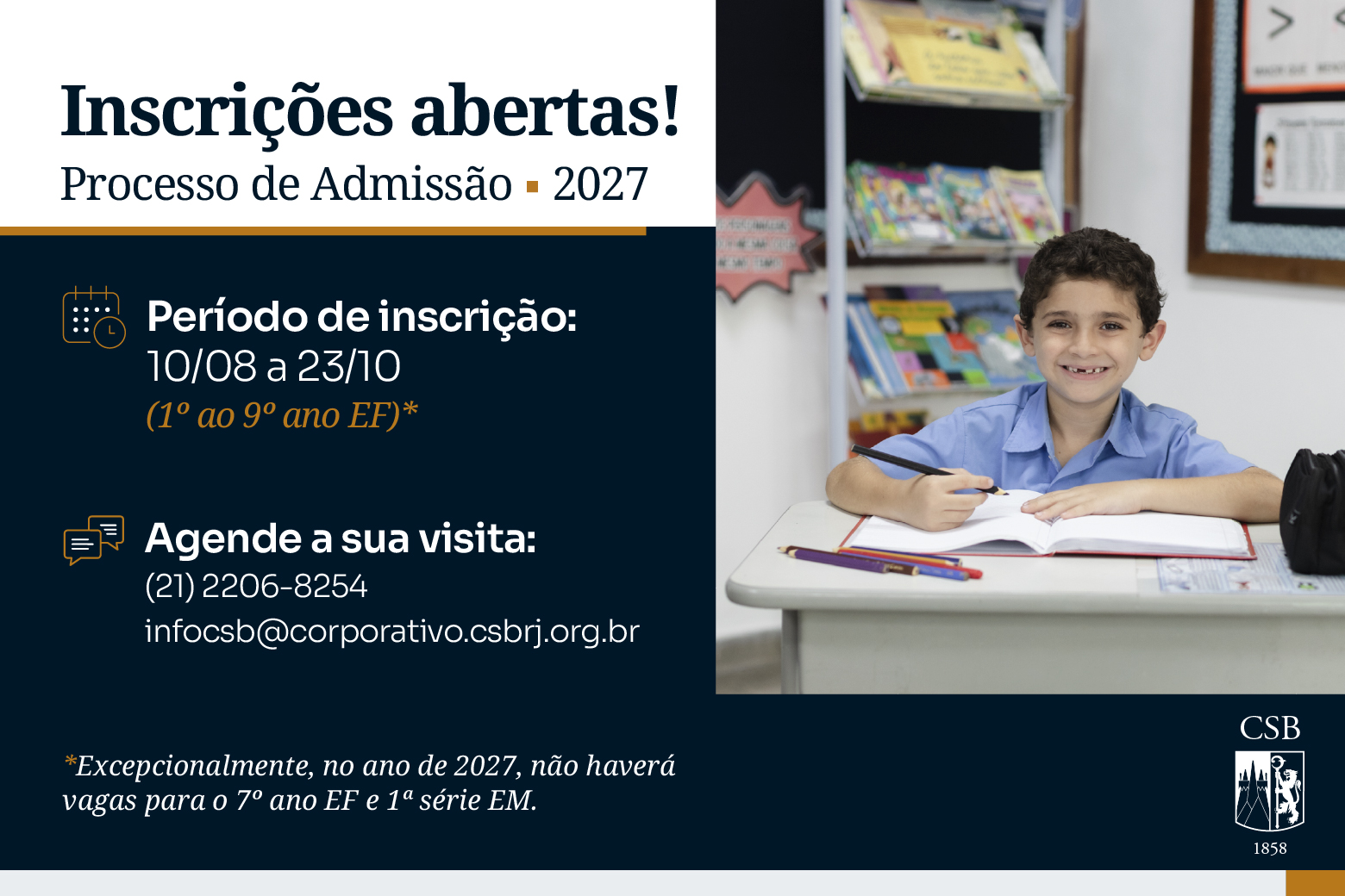 Inscrições abertas para o Processo de Admissão 2027